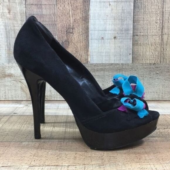 Schutz Black Suede Leather Pink Blue Bow High‎ Heel Pumps Womens 10B 41 Open Toe - Picture 1 of 13